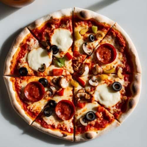 A homemade pizza cut into eight slices, topped with fresh toppings like pepperoni, mushrooms, olives, bell peppers, and melted cheese.