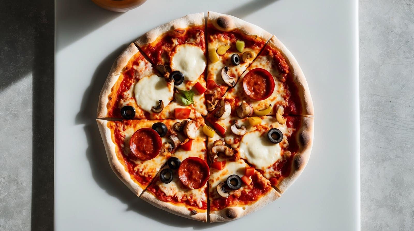 A homemade pizza cut into eight slices, topped with fresh toppings like pepperoni, mushrooms, olives, bell peppers, and melted cheese.