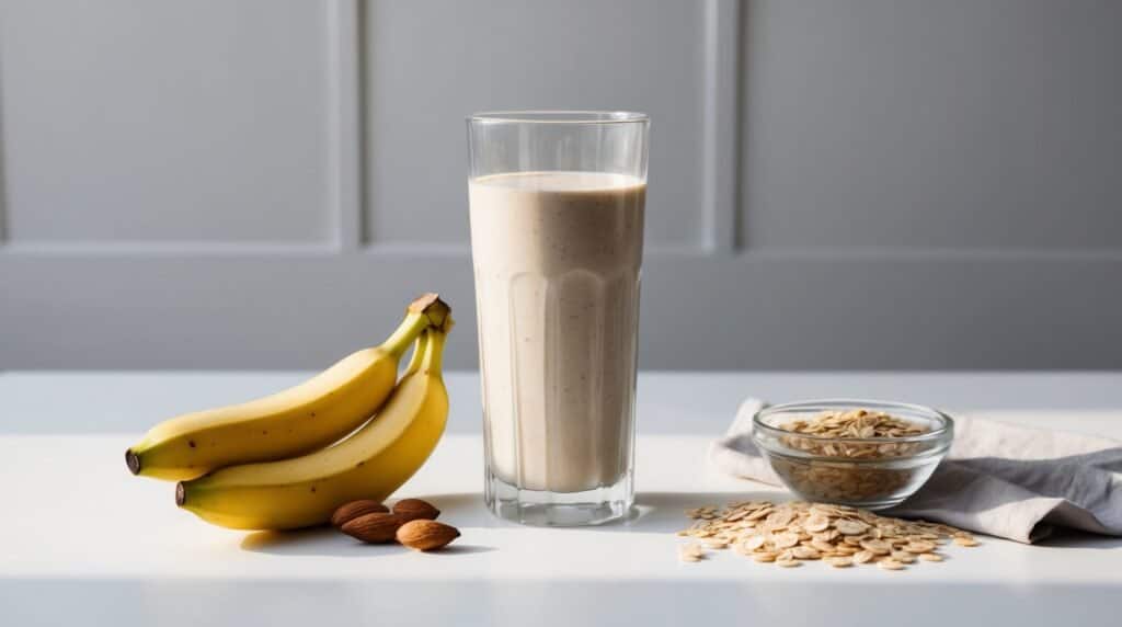 A glass of protein-packed banana almond smoothie sits on a white table next to a bunch of bananas, whole almonds, and a bowl of oats.