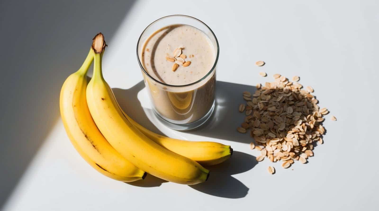 A glass of banana smoothie, an energizing drink, sits next to three bananas and a small pile of oats on a white surface.