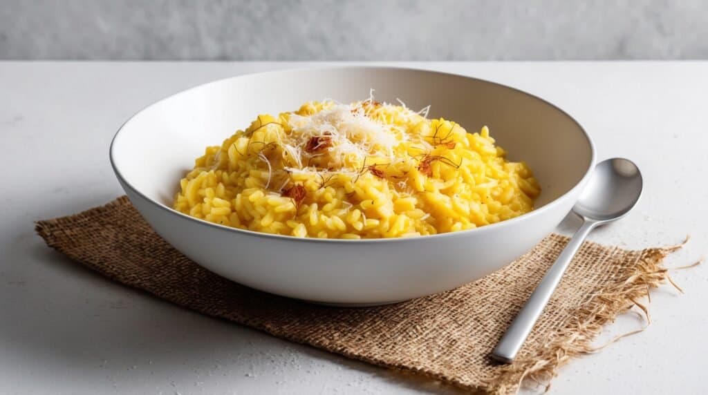 A bowl of saffron risotto topped with grated cheese, placed on a piece of burlap with a metal spoon beside it, looks like an auto draft of culinary perfection.