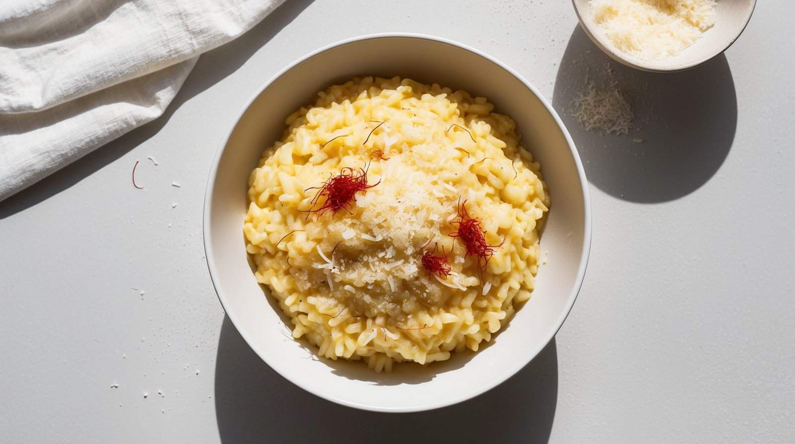 A bowl of creamy saffron-infused risotto garnished with a few delicate threads and grated cheese, placed on a pristine white surface. Nearby, you'll find a small bowl with more grated cheese and a white cloth. This dish could easily be the star of any culinary Auto Draft.