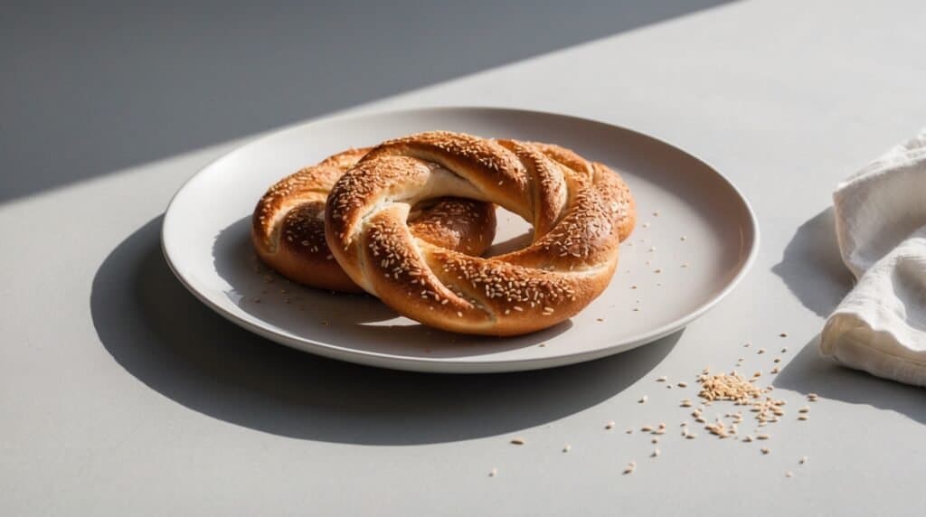 A white plate with two twisted bagels, resembling Turkish Simit and topped with sesame seeds, placed on a light gray surface.