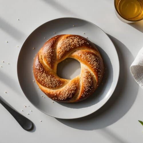 A round, sesame-seeded bread roll reminiscent of an authentic Turkish Simit recipe rests on a white plate next to a fork, a glass of light-colored liquid, a white cloth, and some parsley on a white surface.