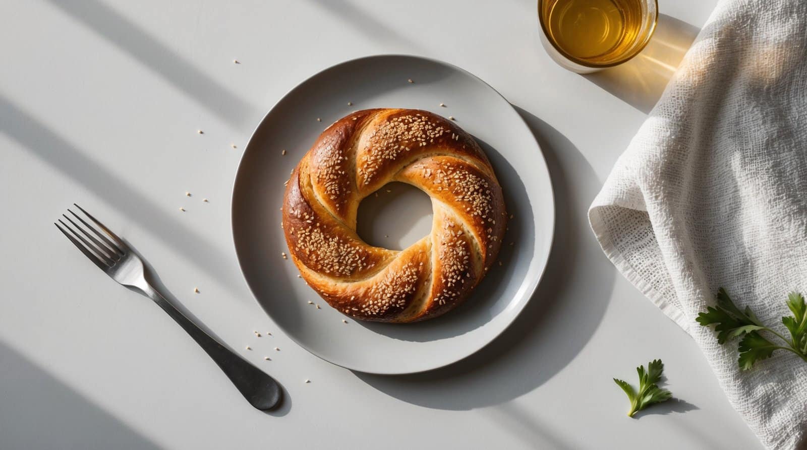 A round, sesame-seeded bread roll reminiscent of an authentic Turkish Simit recipe rests on a white plate next to a fork, a glass of light-colored liquid, a white cloth, and some parsley on a white surface.