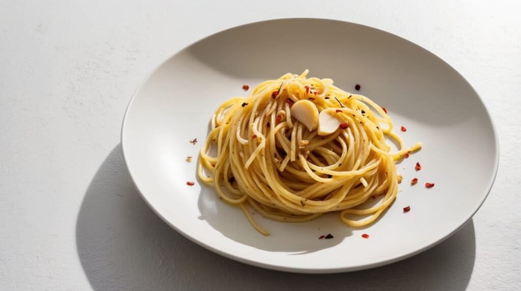 A plate of Spaghetti Aglio e Olio, an easy pasta garnished with garlic slices and red pepper flakes, sits on a white surface.