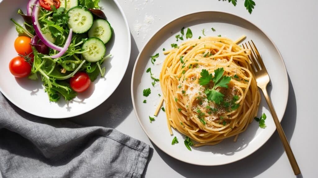 A plate of simple spaghetti garnished with herbs and garlic sits next to a side salad with lettuce, cherry tomatoes, cucumbers, and red onion on a white table with a gray napkin.
