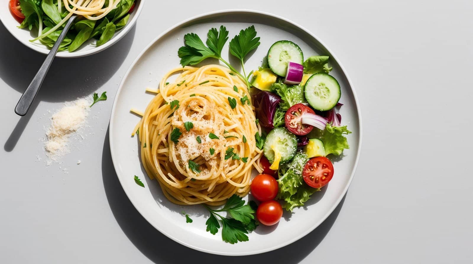 A plate of spaghetti garnished with herbs, garlic, and grated cheese is served alongside a fresh salad with cucumbers, cherry tomatoes, red onions, and lettuce. A small bowl of salad and extra grated cheese are nearby.