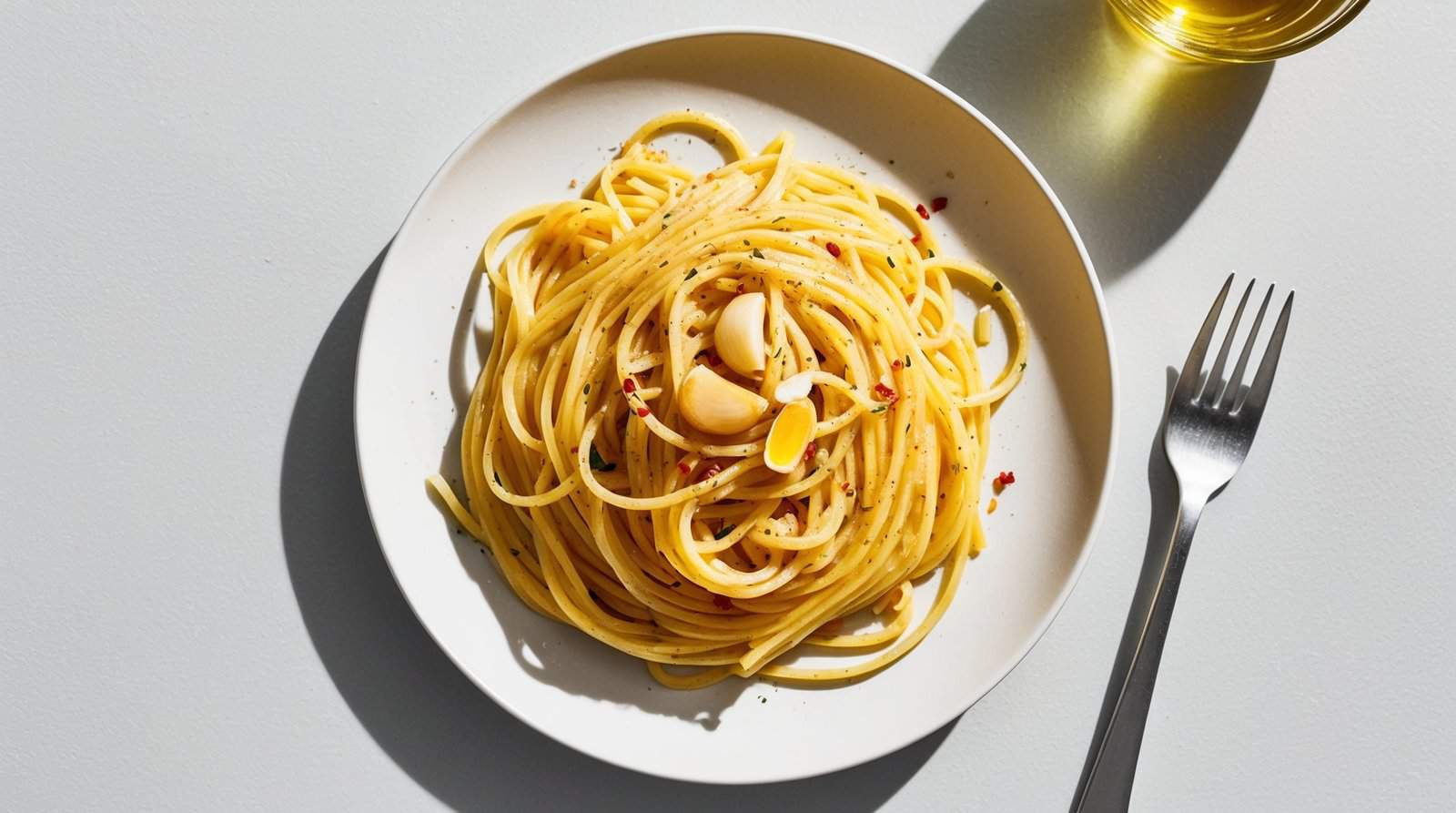 A plate of spaghetti aglio e olio garnished with garlic cloves and red pepper flakes, accompanied by a fork and a glass of olive oil, makes for a perfect recipe.