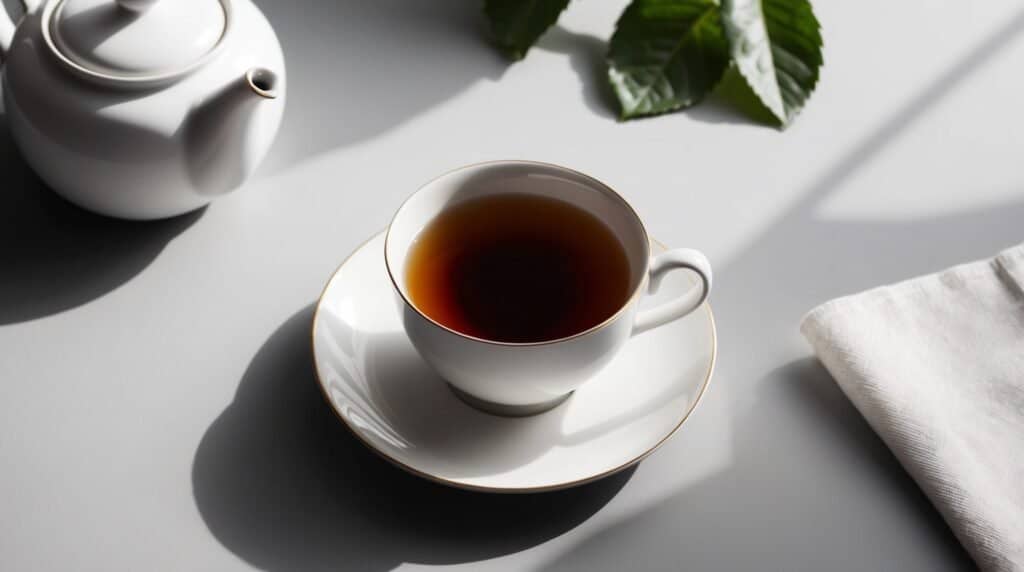 A teacup filled with strong, dark tea sits on a saucer next to a teapot, green leaves, and a folded napkin on a white surface—a perfect start to the morning.