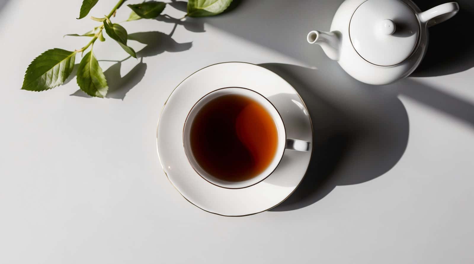 A cup of strong morning tea sits on a saucer beside a teapot and some fresh green leaves on a plain surface.