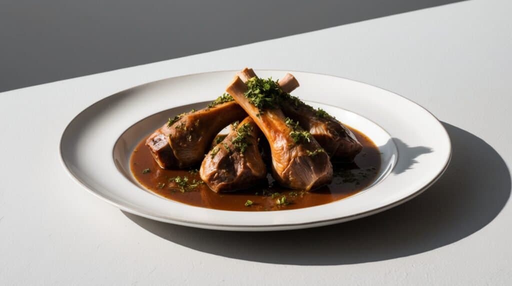 A white plate with three braised lamb shanks covered in a rich brown sauce, reminiscent of the classic Osso Buco Milanese, and garnished with chopped herbs.