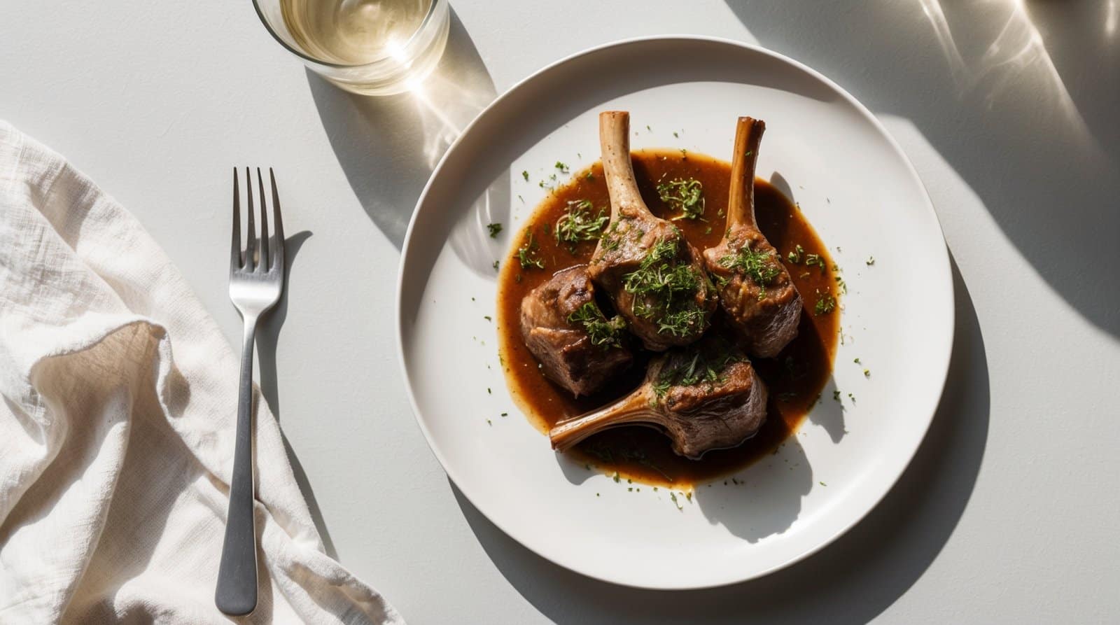 A plate of cooked lamb chops garnished with herbs and served with sauce, accompanied by a glass of white wine, a fork, and a cloth napkin on a white table is the epitome of culinary perfection—almost as if it were crafted through an auto draft process.