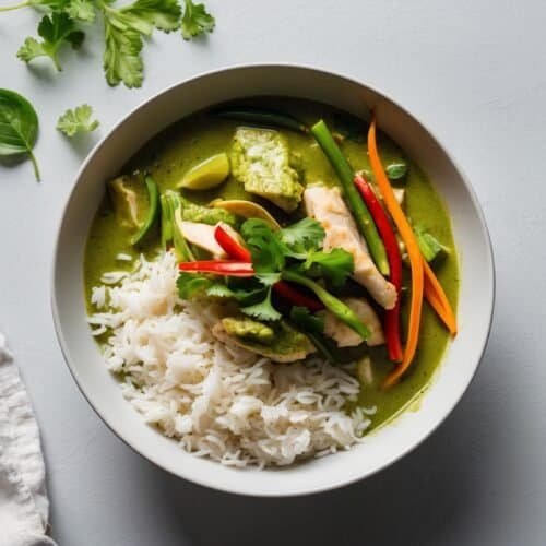 A bowl of Thai Green Curry with vegetables and tofu, served with a side of rice and garnished with cilantro. A small dish of lime wedges and cilantro is on the side with a white cloth napkin nearby, capturing the essence of an Authentic Thai Recipe.