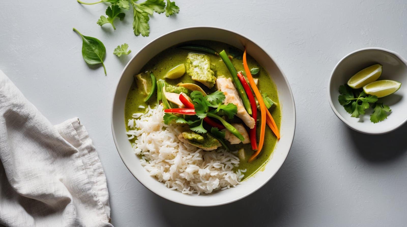 A bowl of Thai Green Curry with vegetables and tofu, served with a side of rice and garnished with cilantro. A small dish of lime wedges and cilantro is on the side with a white cloth napkin nearby, capturing the essence of an Authentic Thai Recipe.