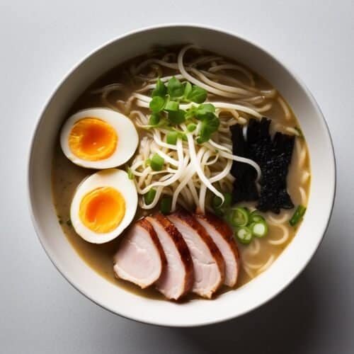 A bowl of Tonkotsu Ramen with sliced pork, soft-boiled egg halves, green onions, nori, and noodles in savory broth.