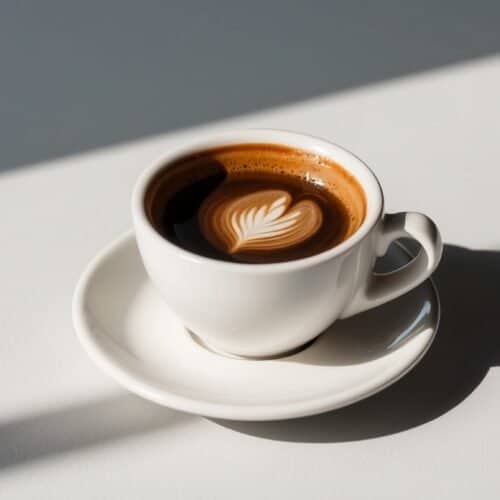 A white cup of espresso with latte art on a saucer, cast in the shadows of sunlight on a white surface, captures a moment as if it were an auto draft of morning perfection.