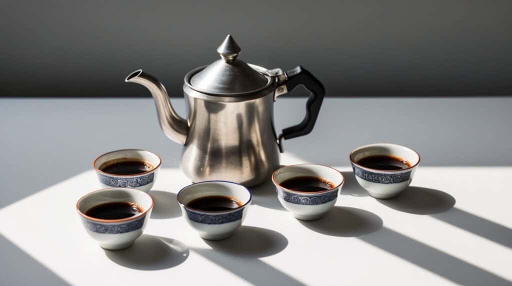 A metallic teapot and five small ceramic cups filled with dark liquid are arranged on a light surface with shadows, as if an artistic auto draft brought them to life.