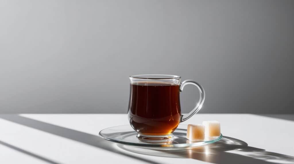 A glass cup of black coffee on a saucer with two sugar cubes beside it, placed on a white surface with shadows cast by sunlight, evokes an authentic experience reminiscent of Turkish Tea traditions.