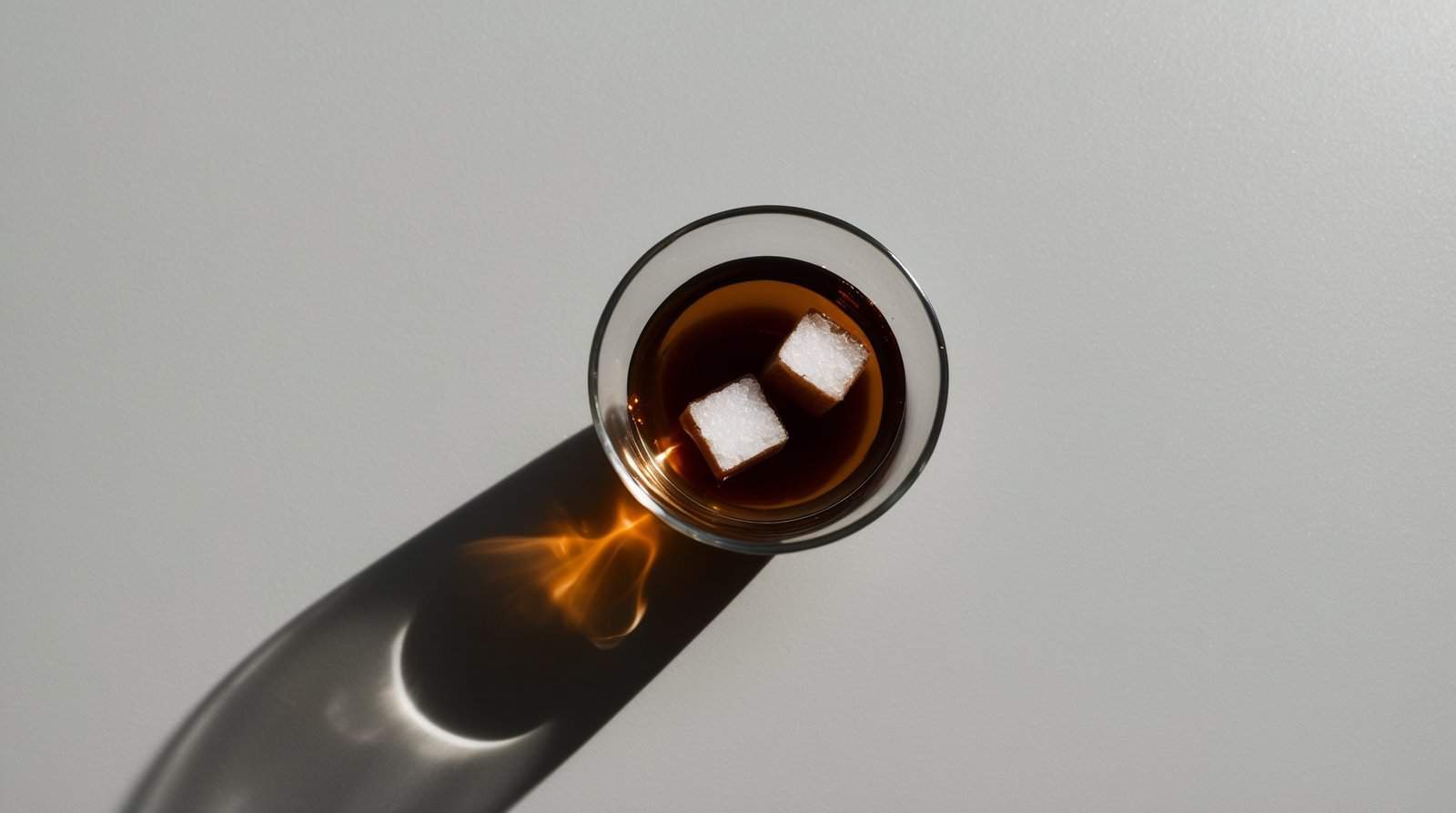 A clear glass of dark liquid with two sugar cubes floating on its surface, reminiscent of an Authentic Turkish Tea, casts a shadow on a light gray background.