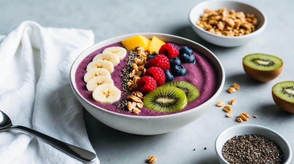 A refreshing acai smoothie bowl topped with sliced bananas, kiwi, mango, raspberries, blueberries, granola, and chia seeds. In the background are a spoon, a white cloth, a small bowl of granola, and kiwi halves.