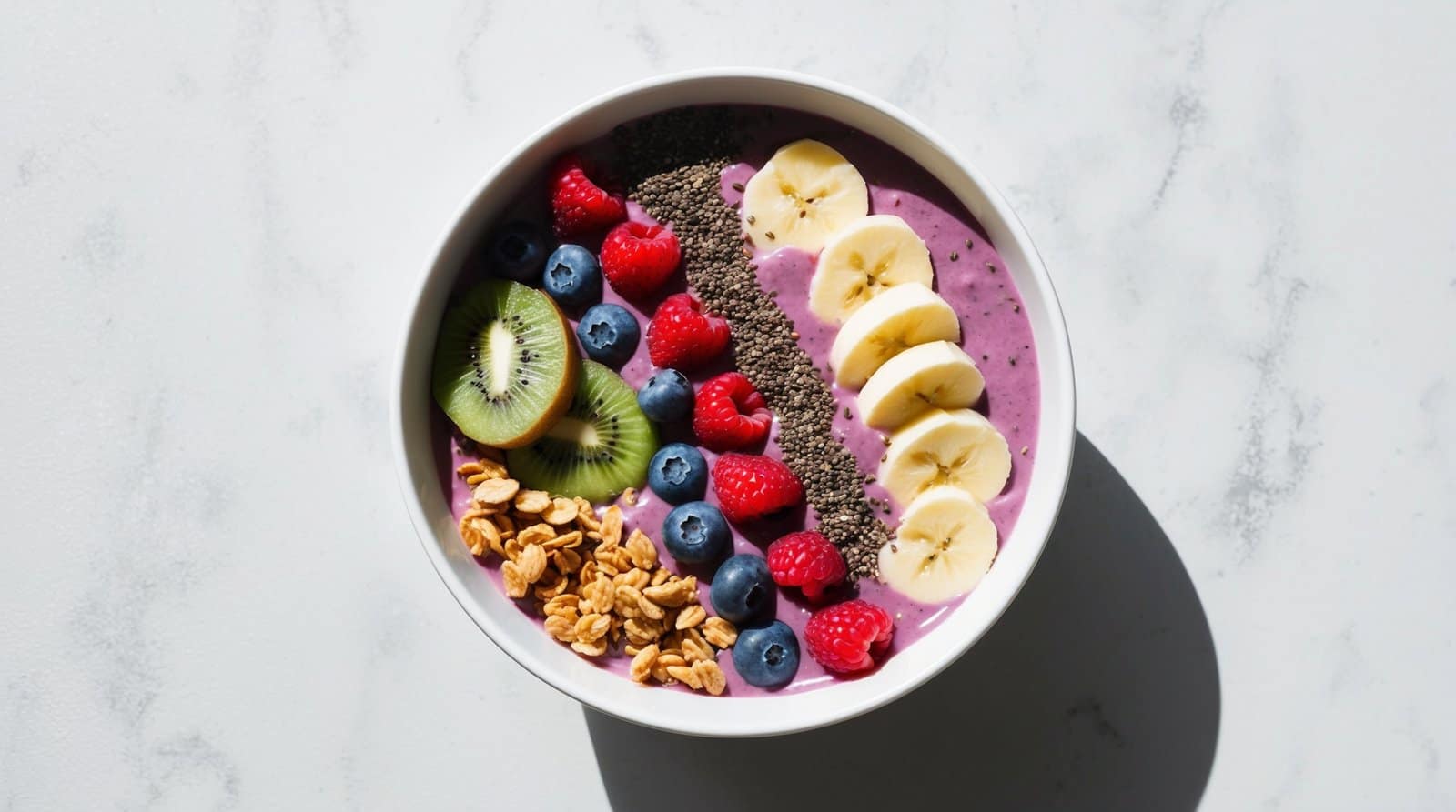 A white bowl filled with a purple acai smoothie topped with sliced bananas, chia seeds, raspberries, blueberries, kiwi slices, and granola, placed on a white marble surface.