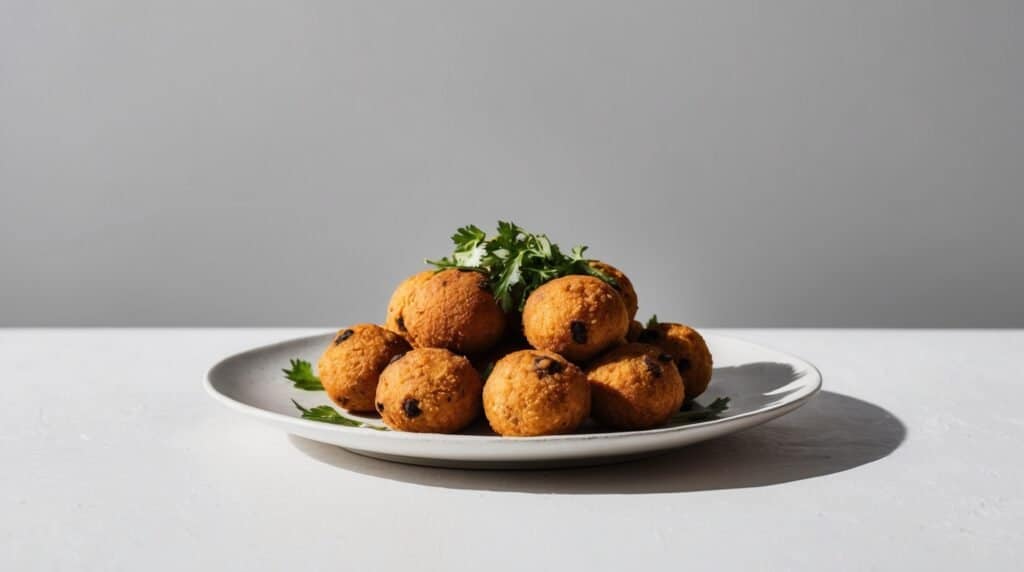 A plate of eight vegan falafel balls garnished with fresh parsley, positioned in the center of a white surface with a plain gray background, makes for a delightful snack recipe reminiscent of Acarajé.