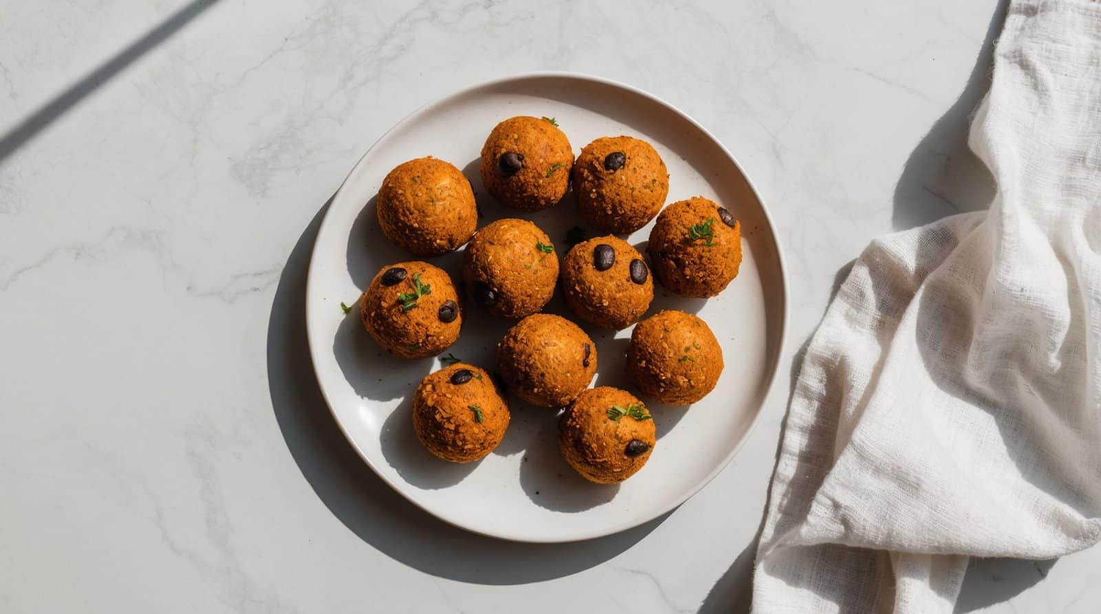 A white plate with twelve round, fried falafel balls, some garnished with parsley and black olives, sits on a white marble surface. A vegan snack recipe in itself, reminiscent of the traditional acarajé. A white cloth is partially visible to the right.