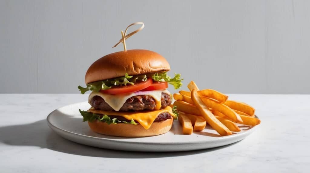 A juicy cheeseburger with lettuce, tomato, and a wooden skewer is served on a white plate alongside a side of crispy French fries.