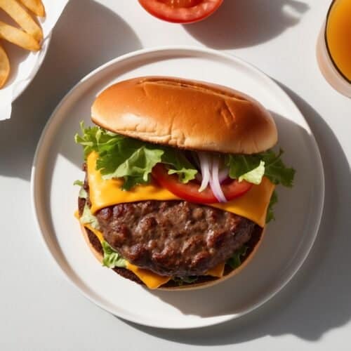 A cheeseburger with lettuce, tomato, and onion on a white plate, served alongside a bowl of crispy fries and a glass of orange juice. This juicy burger recipe is sure to satisfy your cravings.