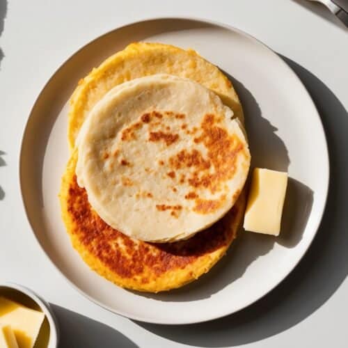 A plate with two traditional Colombian arepas, a square piece of butter next to them, a knife on the side, and a small bowl with more butter.