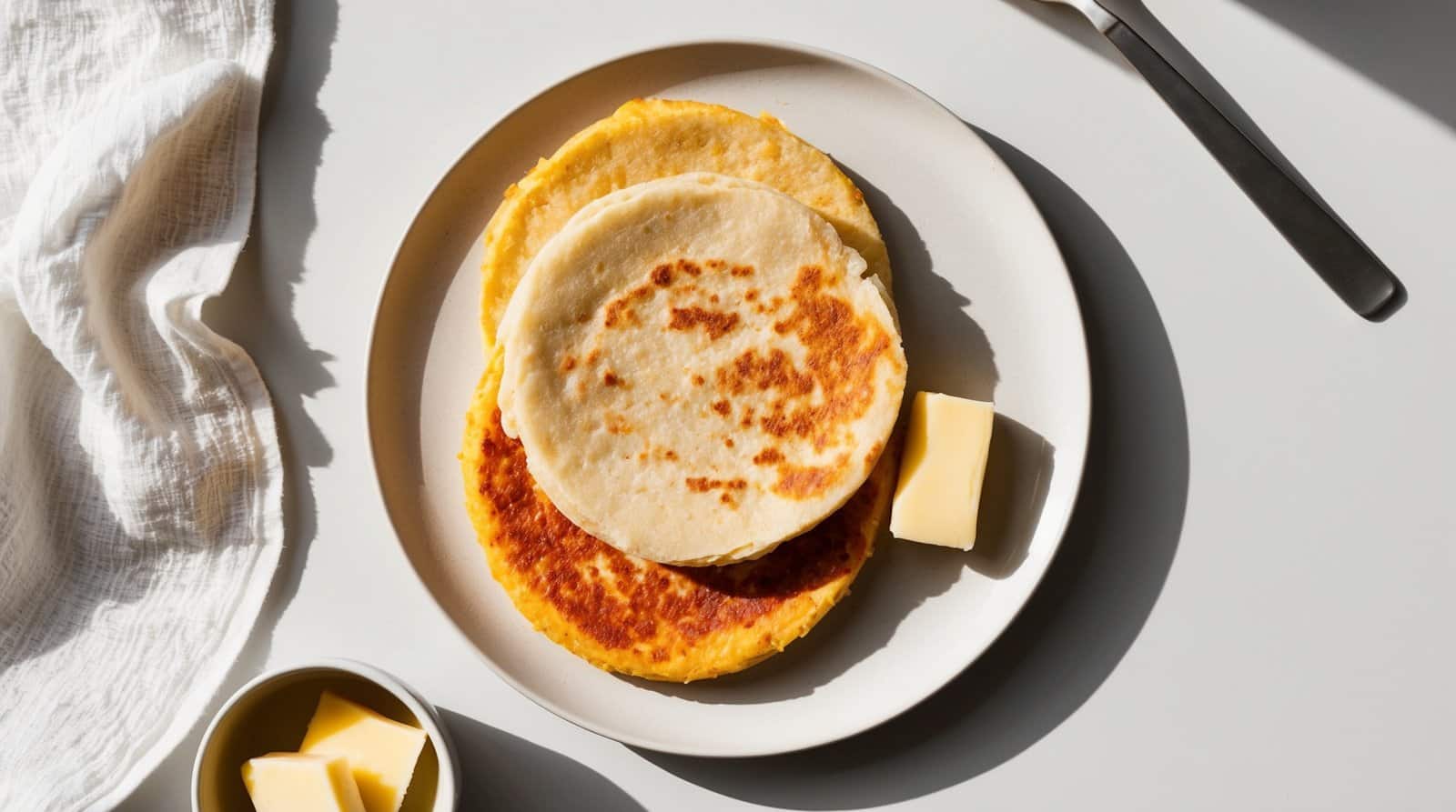 A plate with two traditional Colombian arepas, a square piece of butter next to them, a knife on the side, and a small bowl with more butter.