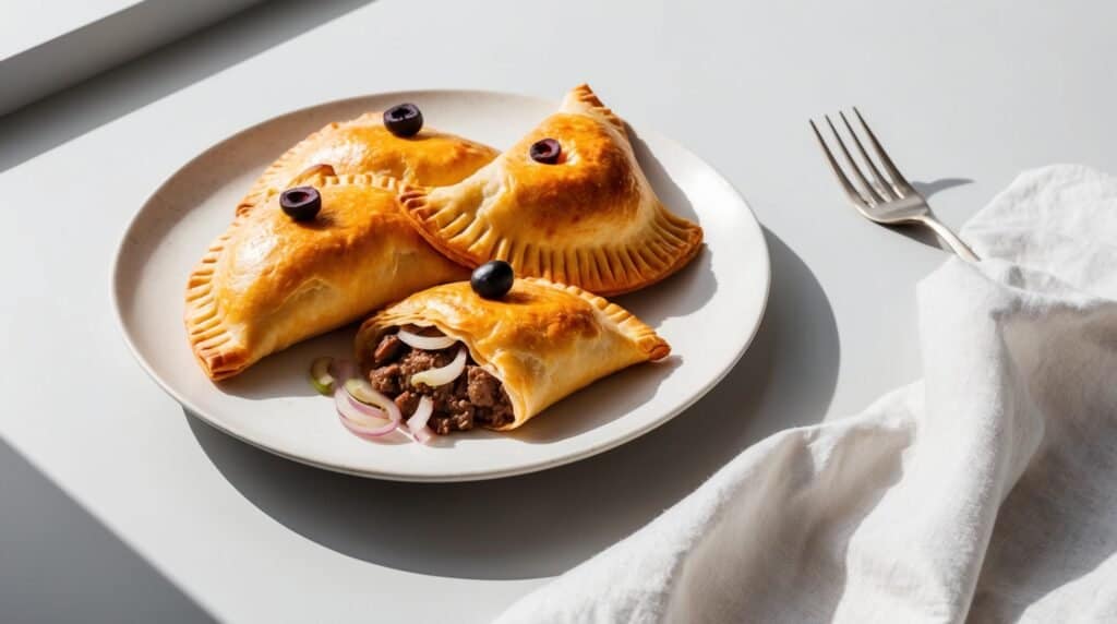 A plate with three Argentinian empanadas, one cut open to reveal a savory meat filling, garnished with olives. A fork and white napkin are beside the plate.