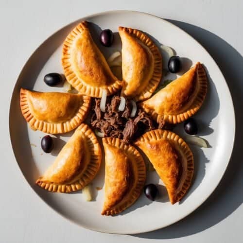 A white plate with six Argentinian empanadas arranged in a circular pattern, garnished with black olives and shredded meat at the center, placed on a light grey background.