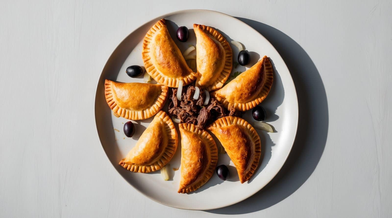 A white plate with six Argentinian empanadas arranged in a circular pattern, garnished with black olives and shredded meat at the center, placed on a light grey background.