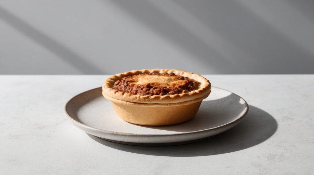 A traditional recipe, this Australian meat pie rests on a white plate set against a light-colored surface, with shadows adding depth in the background.