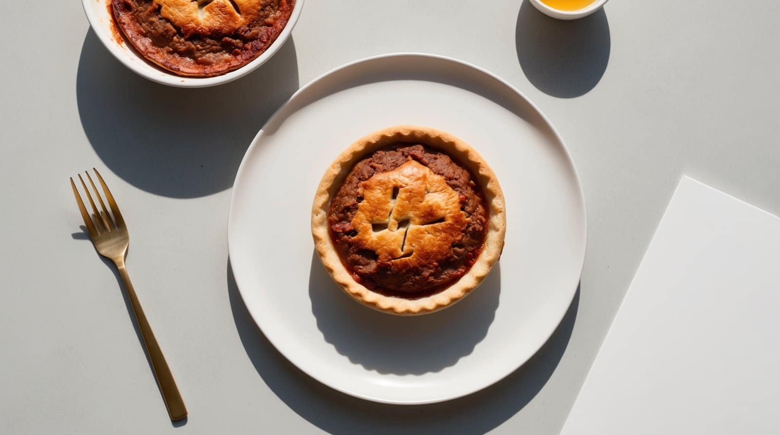 A small, baked pie on a white plate with a gold fork to the left and a partial view of another pie and a cup of orange juice in the background, reminiscent of traditional Australian meat pies from an old family recipe.