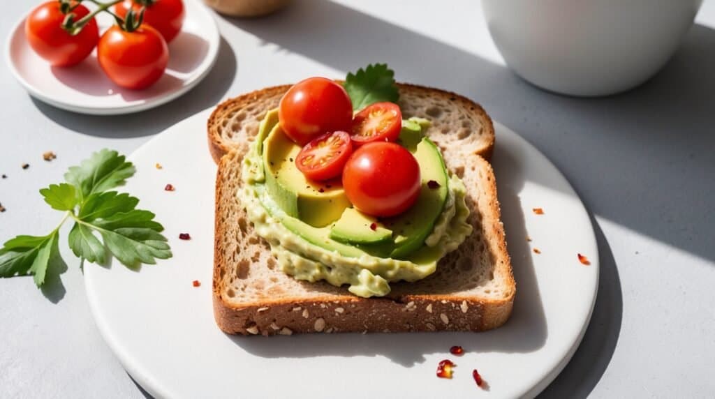 A slice of multigrain bread topped with mashed avocado, avocado slices, and cherry tomato halves, garnished with parsley and red pepper flakes - the perfect quick and nutritious avocado toast recipe, served on a white plate.