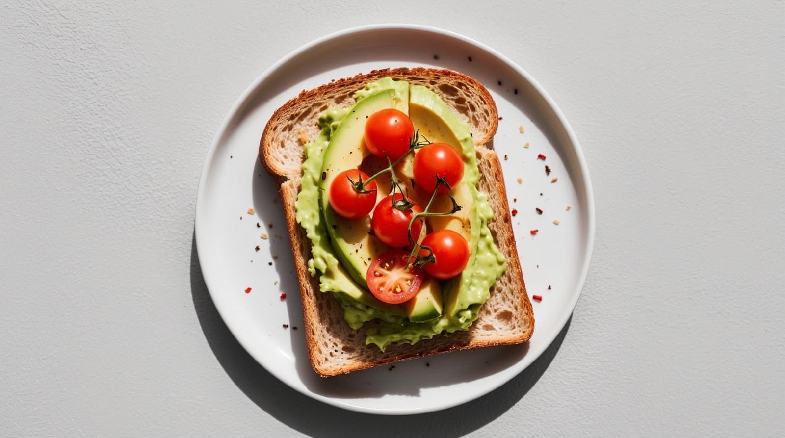 A slice of bread topped with mashed avocado and cherry tomatoes on a white plate, with pepper flakes scattered around, makes the perfect quick recipe for any time of day.