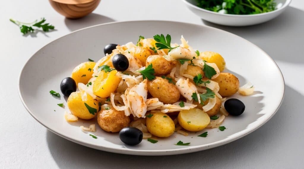 A plate of boiled potatoes mixed with shredded fish, onions, black olives, and garnished with fresh parsley, reminiscent of the traditional recipe Bacalhau à Brás.