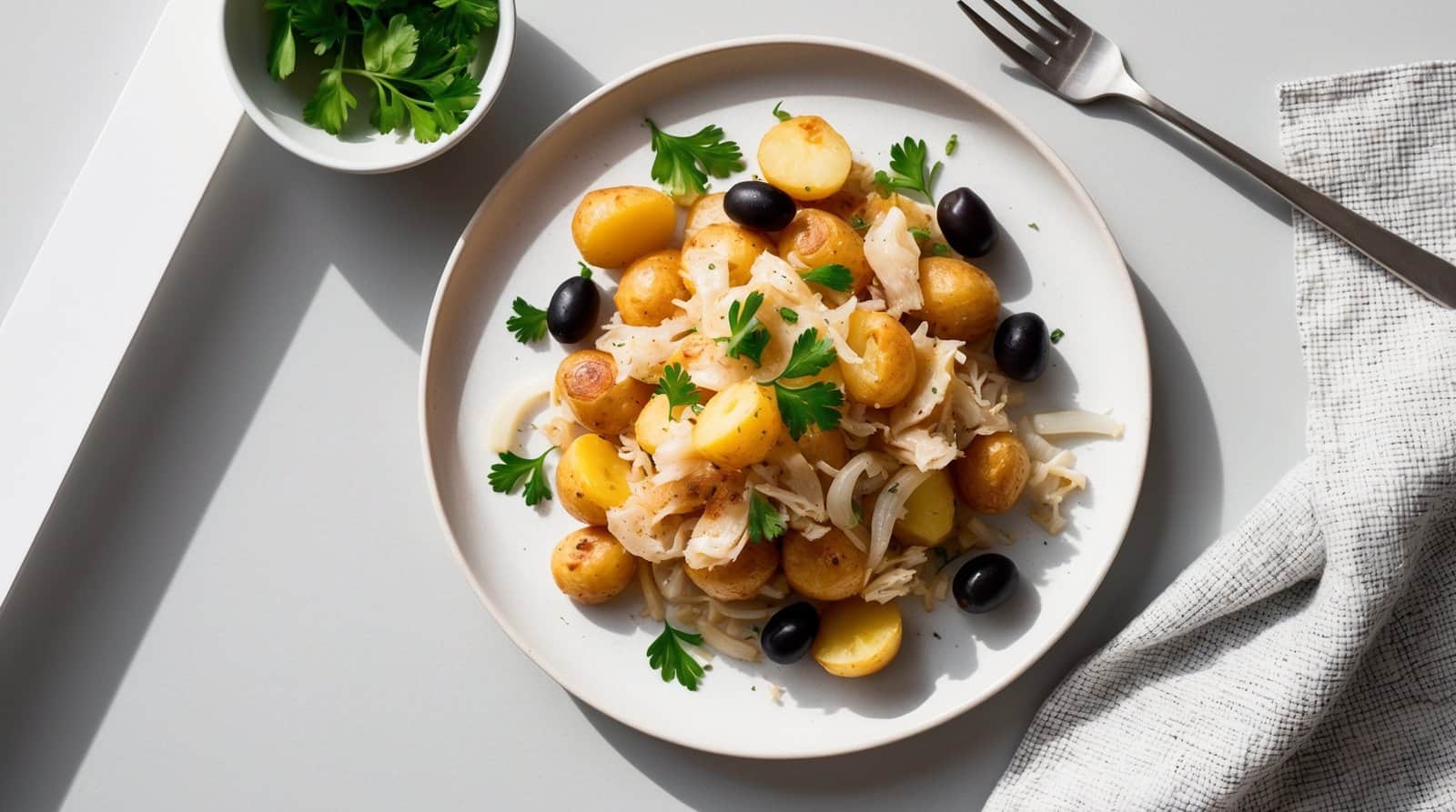 A plate of roasted baby potatoes topped with caramelized onions, black olives, and parsley, reminiscent of a traditional recipe à Brás, served next to a bowl of fresh parsley, a fork, and a cloth napkin.