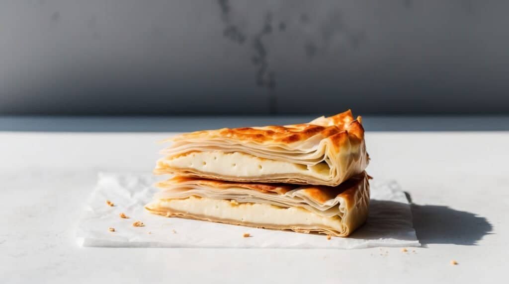 Two neatly stacked slices of traditional pastry with a creamy filling sit on white parchment paper against a gray background, reminiscent of a classic Bulgarian Banitsa recipe.