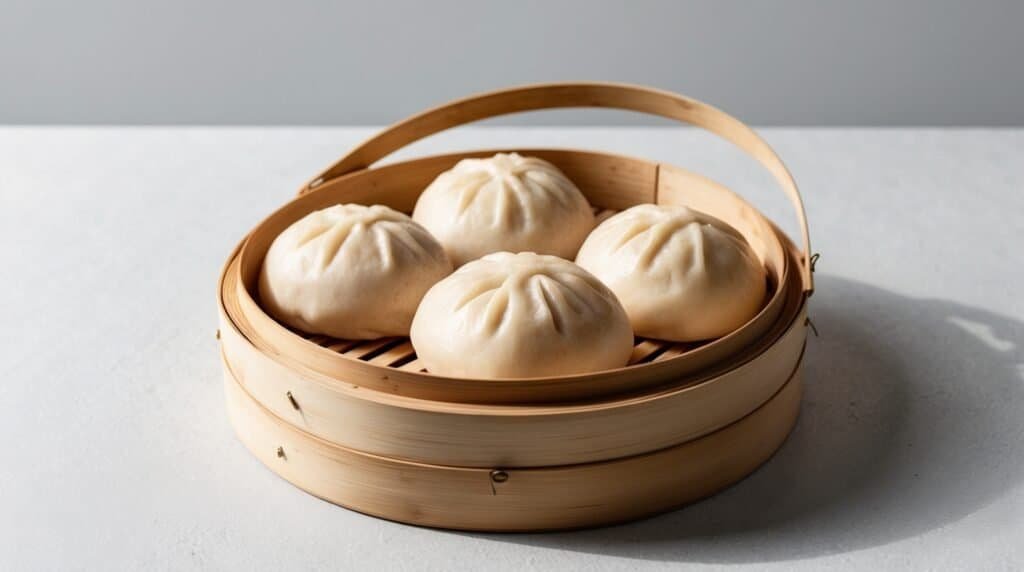 A bamboo steamer basket with four savory steamed buns inside on a light surface.