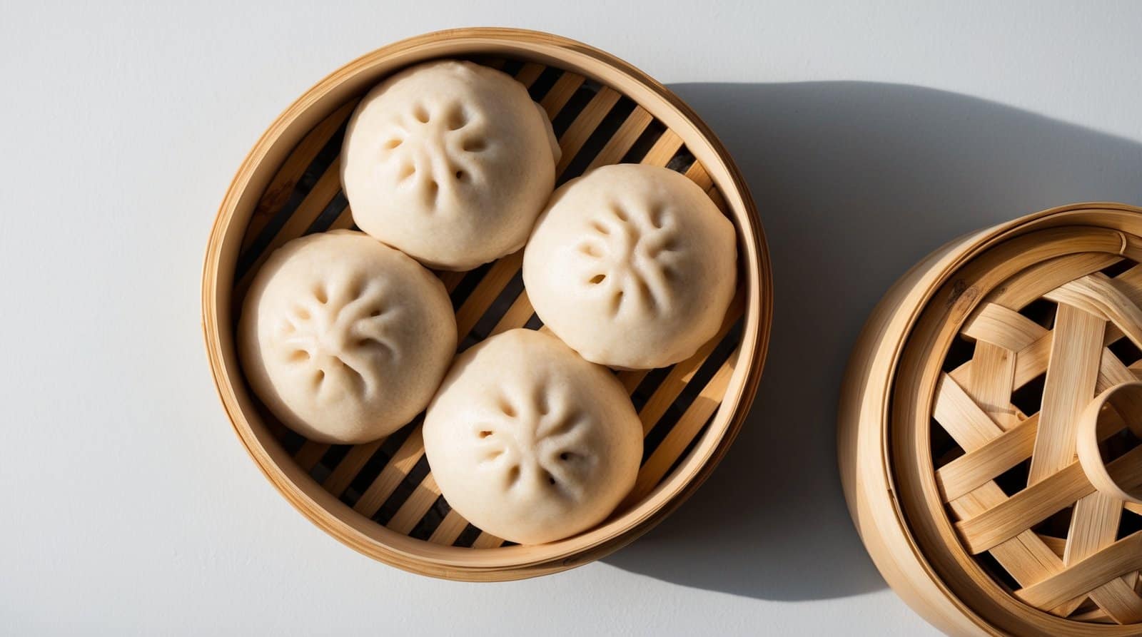 A bamboo steamer basket containing four savory pork steamed buns with a decorative pattern on top, accompanied by its lid placed to the side.