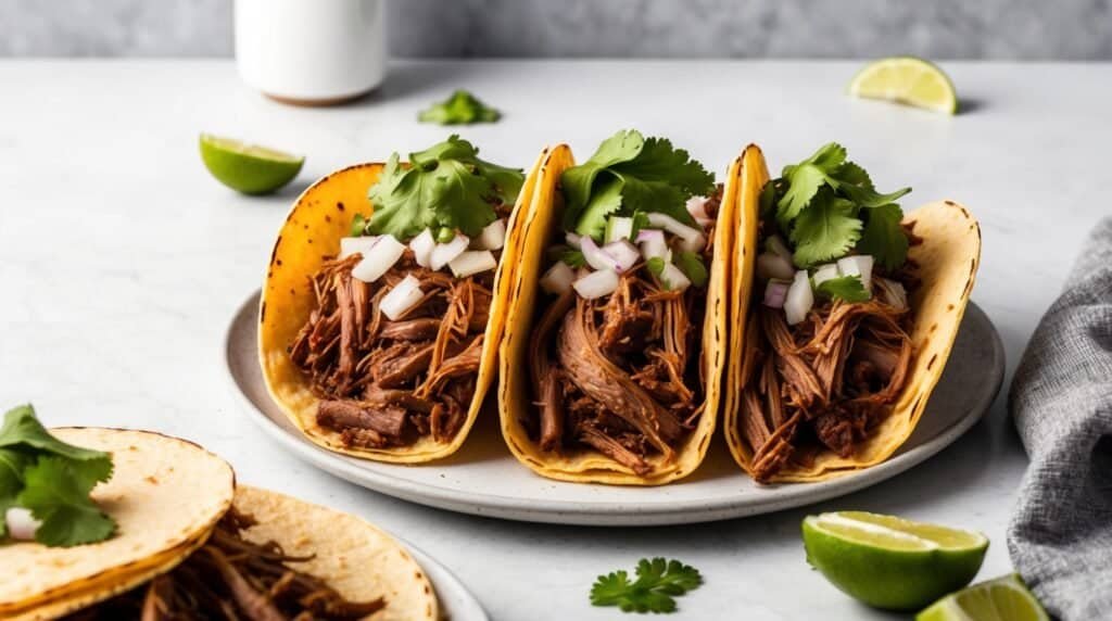 Indulge in three flavorful Barbacoa Tacos topped with chopped onions and cilantro on a plate. Lime wedges and an extra taco are beside the plate, making this recipe perfect for any taco lover.