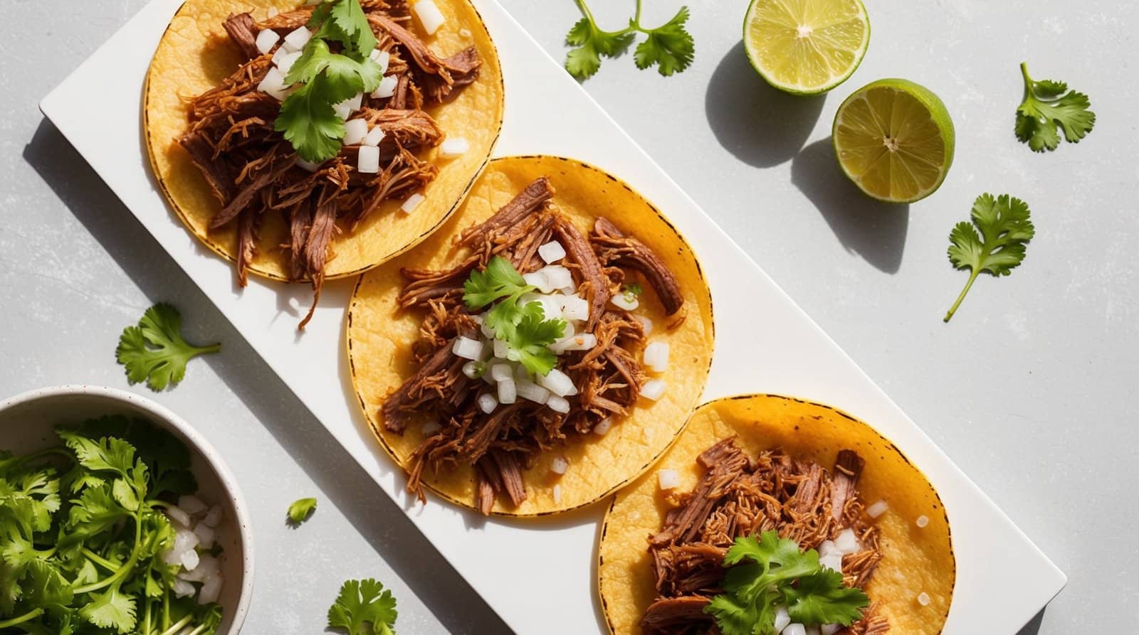 Three flavorful beef tacos on a rectangular white plate, garnished with chopped onions and cilantro, with cut limes and extra cilantro on the side. Ideal for any Barbacoa Tacos Recipe lovers craving an authentic taste.