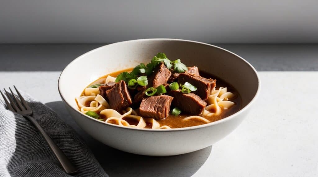 A bowl of beef brisket noodle soup with pieces of tender beef, fresh green onions, and garnished with cilantro sits on a light surface next to a fork and a cloth napkin.