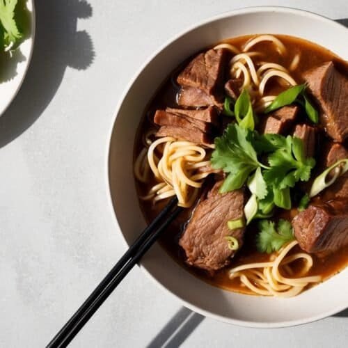 A bowl of beef brisket noodles topped with green onions and cilantro, with a pair of black chopsticks resting on the bowl's edge; another plate with noodles and cilantro is beside it.