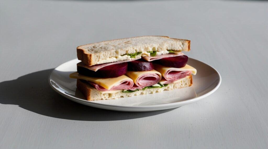 A sandwich with cold meat, cheese, and beetroot slices on white bread, served on a white plate.