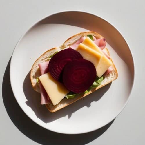 An open-faced sandwich with slices of beetroot, cheese, lettuce, and cold meat on a white plate.